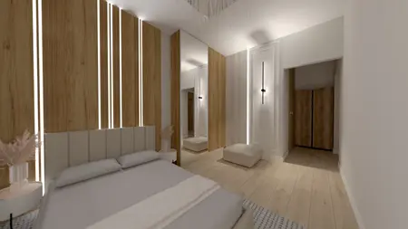 Wnętrze sypialni z minimalistycznym designem, drewnianymi akcentami i nowoczesnym oświetleniem.