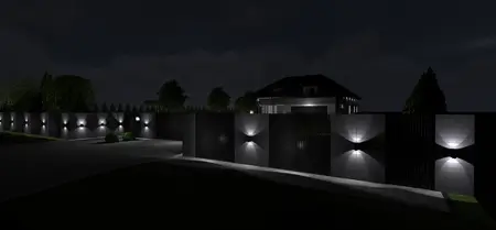 Nowoczesna fasada domu z industrialnym ogrodzeniem i oświetleniem, styl japandi.