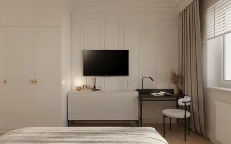 Wnętrze sypialni w stylu eklektycznym z nowoczesnym biurkiem i elementami quiet luxury