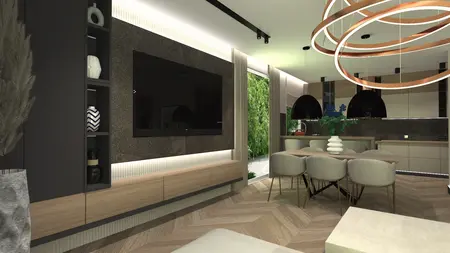 Wnętrze salonu z nowoczesnym stołem, krzesłami i roślinami w stylu industrialnym.