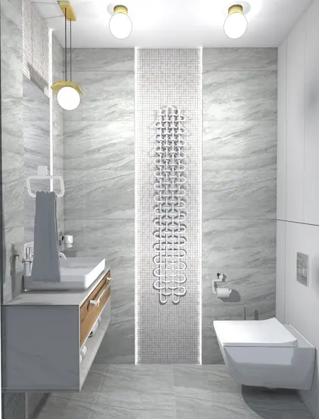 Nowoczesna łazienka z szarymi płytkami, drewnem i detalami w stylu dopamine decor, industrialnym.