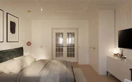 Sypialnia w stylu eklektycznym z nowoczesnym łóżkiem i detalami quiet luxury.