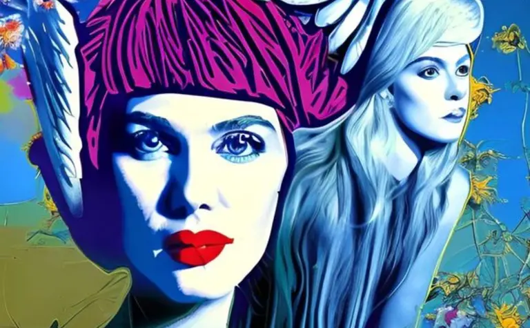 Obrazek przedstawia dwie kobiety w stylu art deco i eklektycznym, z kwiatowymi motywami.