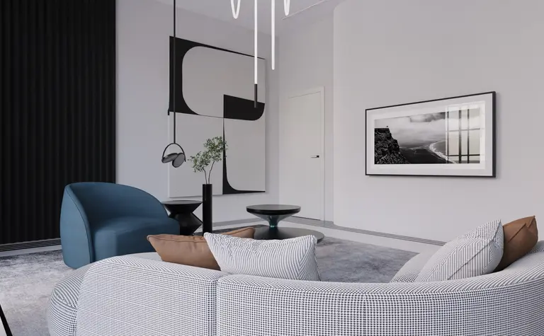 Wnętrze salonu w stylu art deco, glamour i minimalistycznym z niebieskim fotelem.