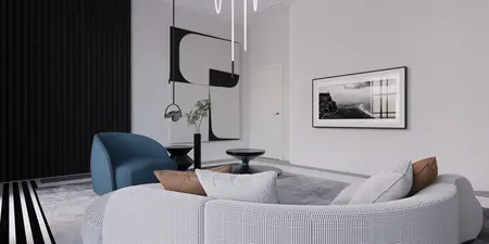 Wnętrze salonu w stylu art deco, glamour i minimalistycznym z niebieskim fotelem.