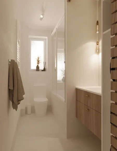 Eklektyczna łazienka z nowoczesnymi akcentami i quiet luxury, jasne kolory i drewno.