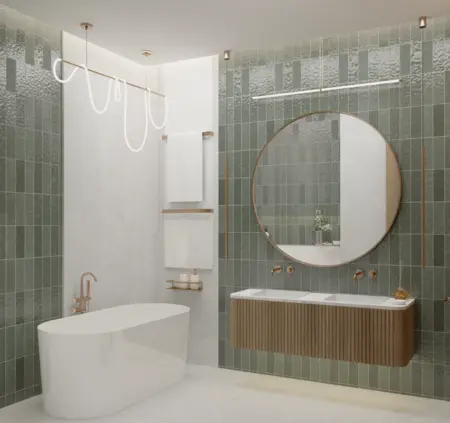 Nowoczesna łazienka z zielonymi płytkami, wanną i okrągłym lustrem w stylach art deco i vintage.