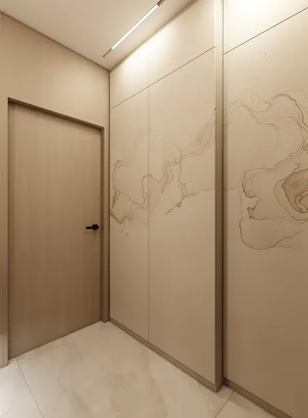 Nowoczesny hol w stylu japandi z drewnianymi ścianami i minimalistycznymi detalami.
