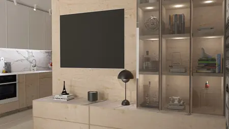 Wnętrze kuchni w stylu skandynawskim z drewnianymi meblami i szarym blatem.