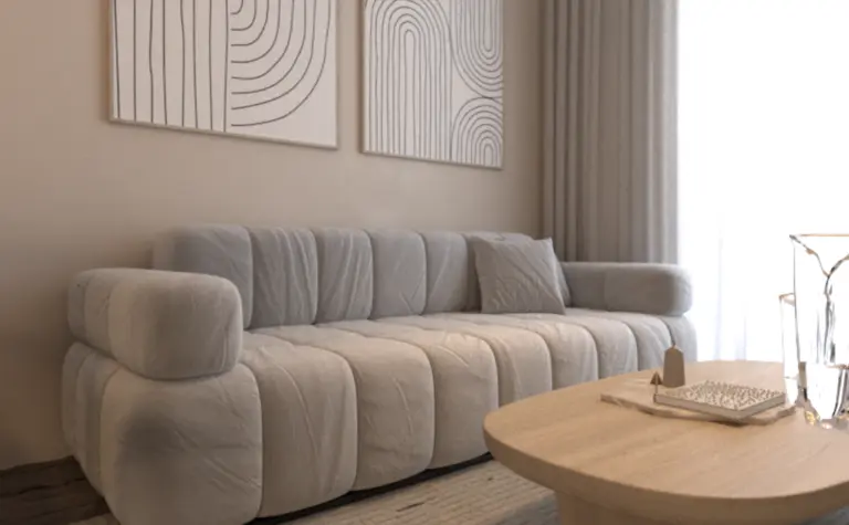 Wnętrze salonu w stylu boho, eklektycznym, japandi i minimalistycznym z szarym wyposażeniem.