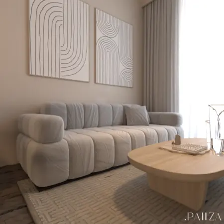 Wnętrze salonu w stylu boho, eklektycznym, japandi i minimalistycznym z szarym wyposażeniem.