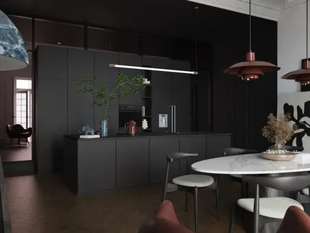 Wnętrze kuchni w stylu art deco z czarnymi meblami, marmurowym blatem i roślinnością.
