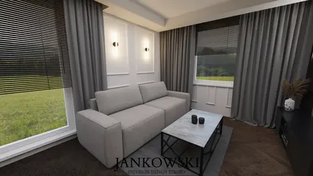 Wnętrze salonu z szarymi zasłonami, jasną sofą i drewnianymi detalami, styl eklektyczny.
