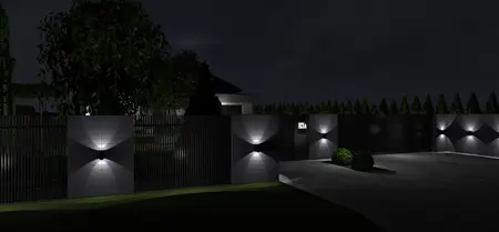 Nowoczesne wejście z industrialnym ogrodzeniem i oświetleniem w stylu japandi