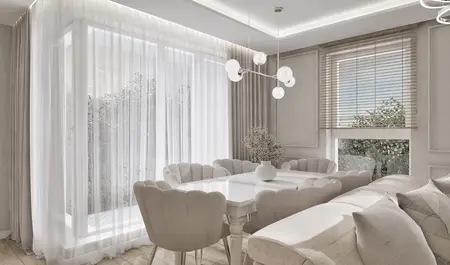 Wnętrze jadalni w stylu glamour z nowoczesnym oświetleniem i współczesnymi meblami.