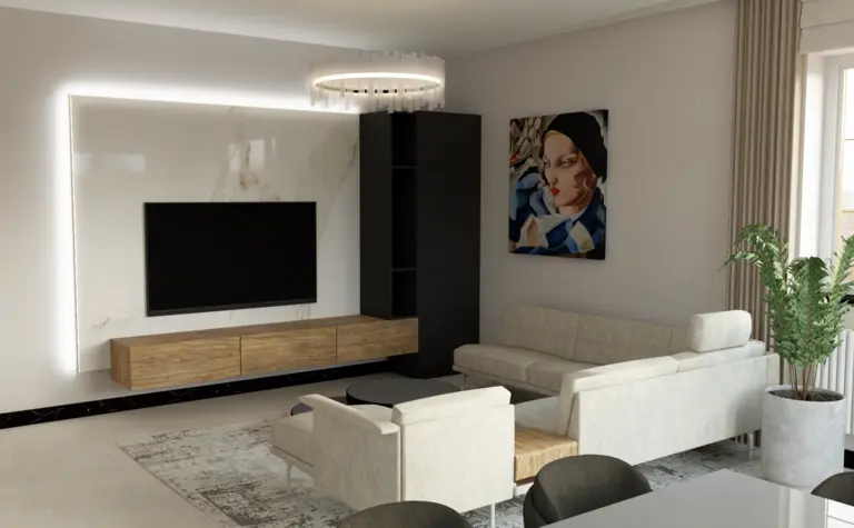 Wnętrze salonu z jasnymi meblami i nowoczesnym oświetleniem w stylu quiet luxury.