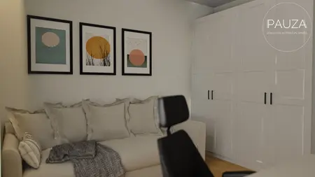 Salon z białą sofą, kolorowymi obrazami i drewnianą podłogą w stylu japandi i nowoczesnym.