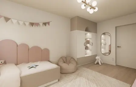 Pokój dziecięcy w stylu minimalistycznym i nowoczesnym z różowym łóżkiem i dekoracjami.