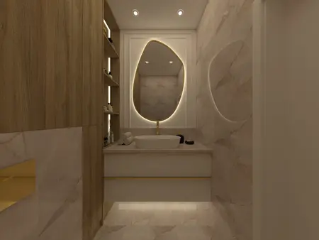 Stylowa łazienka w stylu glamour i minimaluxe z drewnem.