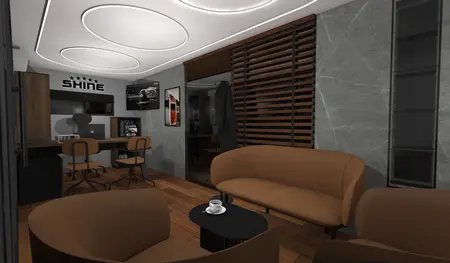 Wnętrze biura z brązowymi fotelami, szarymi ścianami, industrialnym stylem i detalami japandi.