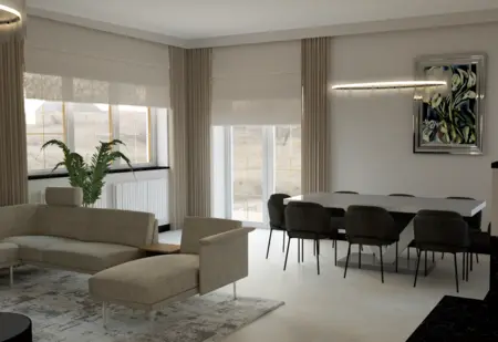 Wnętrze jadalni z nowoczesnym stołem i krzesłami w stylu quiet luxury.