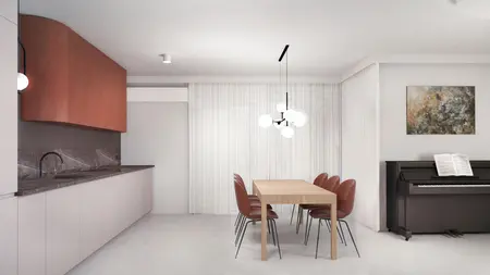 Wnętrze jadalni z minimalistycznym wystrojem, drewnianym stołem i nowoczesnymi krzesłami.