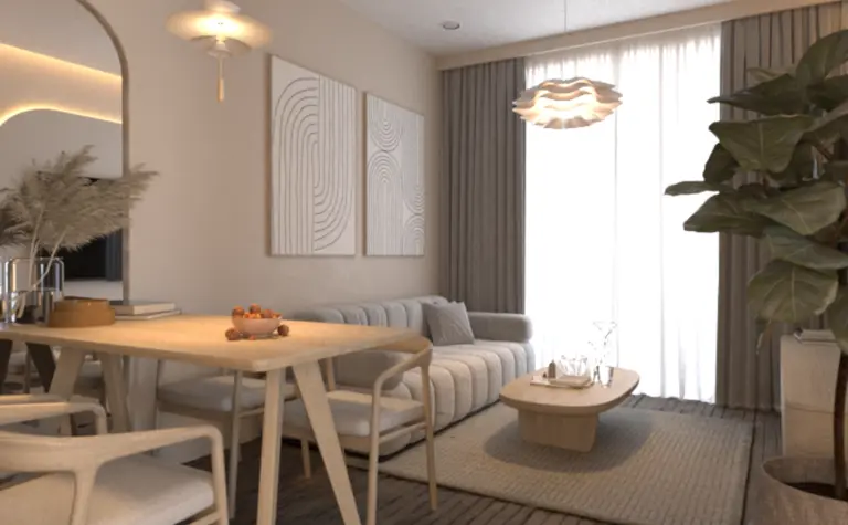Wnętrze salonu w stylu boho, eklektycznym, japandi i minimalistycznym z roślinami.