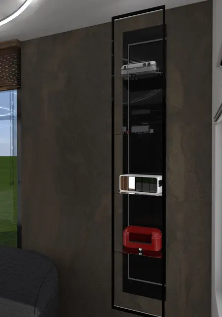 Półka w stylu dopamine decor z elementami industrialnymi i japandi w nowoczesnym wnętrzu.