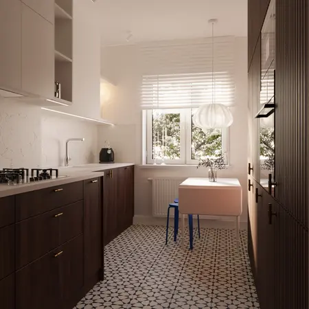 Eklektyczna kuchnia w stylu quiet luxury z drewnem i nowoczesnym oświetleniem.