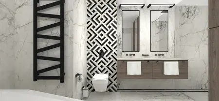 Nowoczesna łazienka z czarnymi i białymi elementami oraz drewnianymi detalami, styl dopamine decor.