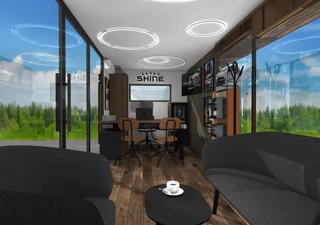 Biuro z dużymi oknami, drewnianą podłogą i nowoczesnymi meblami w stylu dopamine decor i industrialnym.