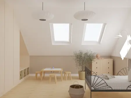 Poddasze w stylu boho, eklektycznym i japandi z łóżkiem, biurkiem i rośliną.