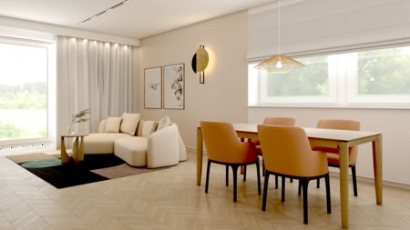 Wnętrze salonu w stylu japandi i minimalistycznym z beżowymi meblami i dużymi oknami.