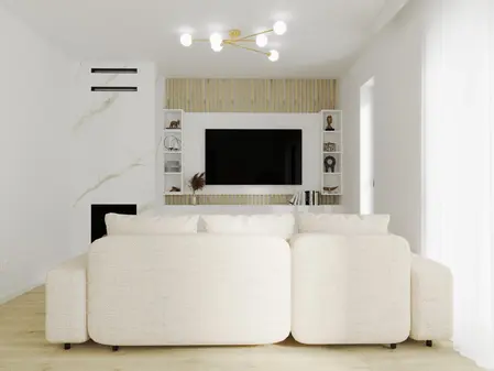 Wnętrze salonu w stylu minimalistycznym z beżową sofą i nowoczesnymi akcentami.