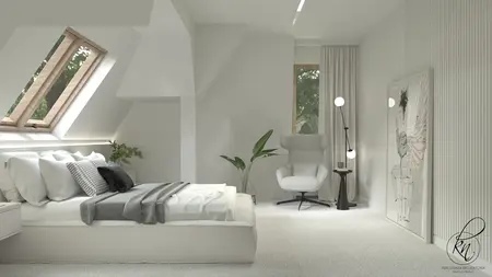 Sypialnia w stylu minimalistycznym z białym łóżkiem i dużymi oknami