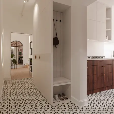 Nowoczesny korytarz z eklektycznymi akcentami i quiet luxury.