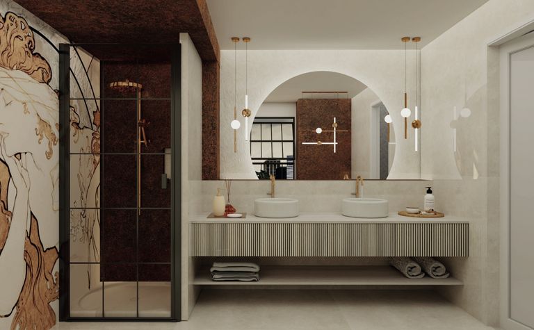 Nowoczesna łazienka w stylu art deco z elementami glamour i tradycyjnymi akcentami.