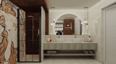 Nowoczesna łazienka w stylu art deco z elementami glamour i tradycyjnymi akcentami.