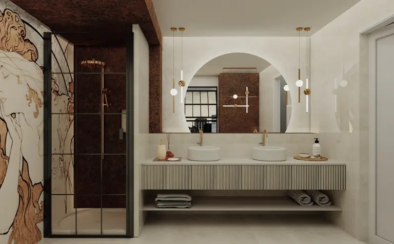 Nowoczesna łazienka w stylu art deco z elementami glamour i tradycyjnymi akcentami.