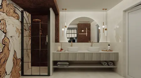 Nowoczesna łazienka w stylu art deco z elementami glamour i tradycyjnymi akcentami.