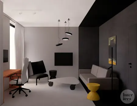 Eklektyczne wnętrze z minimalistycznym biurkiem, czarną sofą i jasnymi akcentami