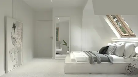Sypialnia minimalistyczna z białym łóżkiem i dużym lustrem.
