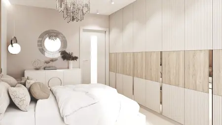 Wnętrze sypialni w stylu glamour i nowoczesnym z białymi meblami i drewnianymi detalami.