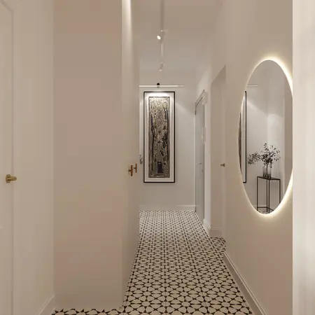 Przedpokój w stylu eklektycznym z nowoczesnym lustrem i quiet luxury detalami.