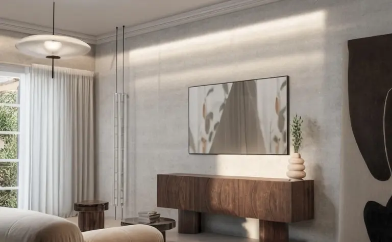 Wnętrze salonu w stylu art deco, japandi i vintage z drewnianą komodą.