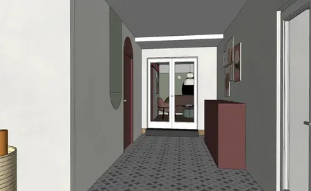 Przedpokój z szarymi ścianami, brązowym meblem oraz elementami dopamine decor i eklektycznymi.