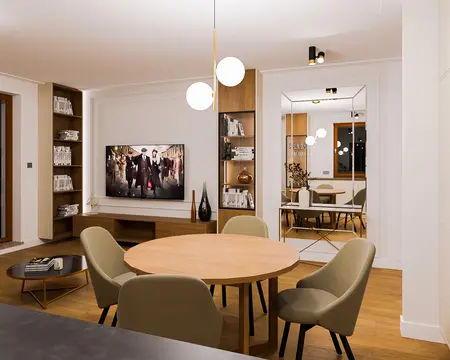 Wnętrze salonu w stylu art deco, nowoczesnym i quiet luxury z drewnianym stołem.