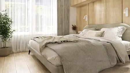 Wnętrze sypialni w stylu japandi z minimalistycznym łóżkiem i nowoczesnymi dodatkami.