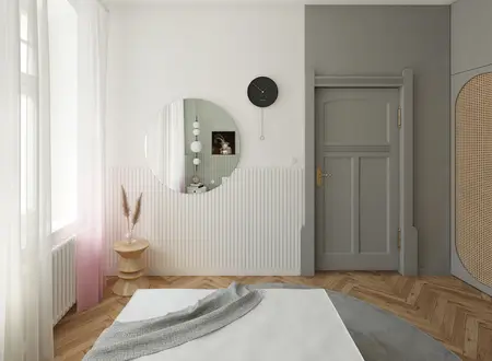 Nowoczesna sypialnia z okrągłym lustrem, szarymi ścianami i drewnianą podłogą. Dopamine decor.