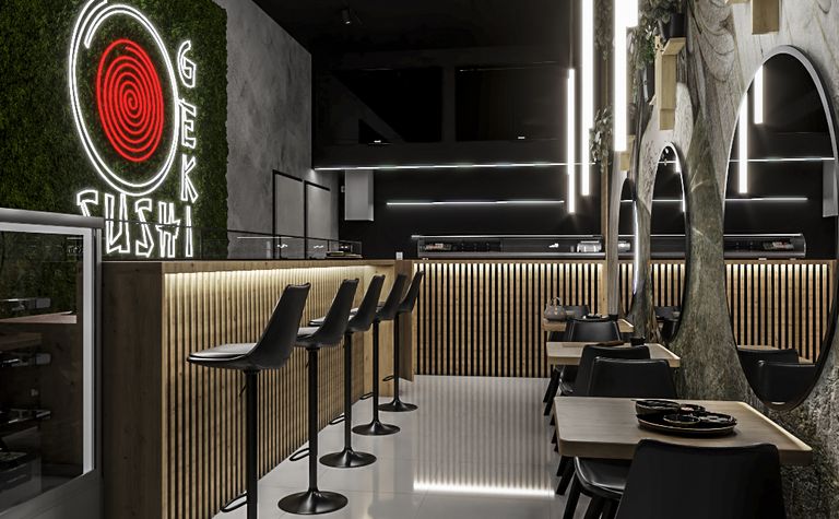 Wnętrze restauracji z drewnianym barem i nowoczesnym oświetleniem.